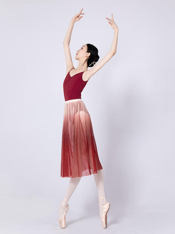 Ballet Dance Gradient Pleated Long Skirt One-piece Mesh Dance Costume - Dorabear
