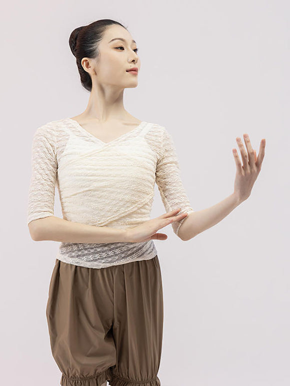 Ballet Lace Medium Sleeved Top Cross V-neck Training Clothes - Dorabear