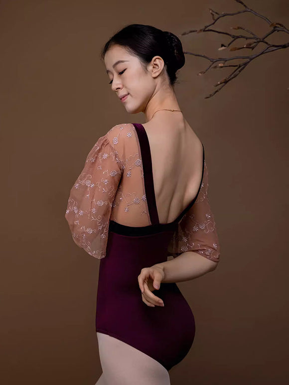 Ballet Velvet Patchwork Leotard Flared Sleeves Backless Dance Practice Clothes - Dorabear - The Dancewear Store Online 