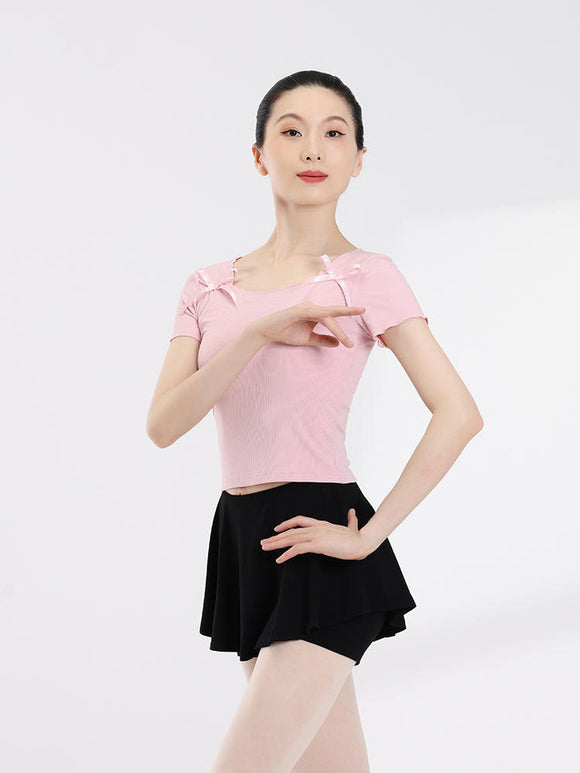 Bow Tie Square Neck Ballet Short Sleeved Top Dance Practice Clothes - Dorabear