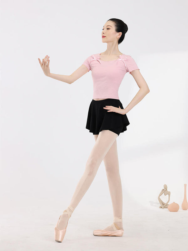 Bow Tie Square Neck Ballet Short Sleeved Top Dance Practice Clothes - Dorabear