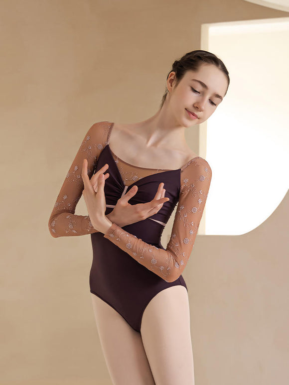 Colored Mesh Embroidered Long Dleeved Leotard Ballet Dance Training Suit - Dorabear - The Dancewear Store Online 