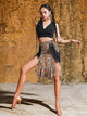 Latin Dance Performance Costume Slit Double Fringed Skirt - Dorabear