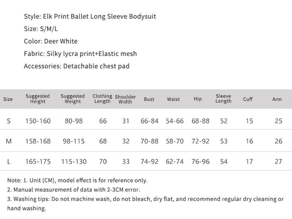 Mesh Panel Long Sleeve Elk Print Ballet Dance Leotard - Dorabear