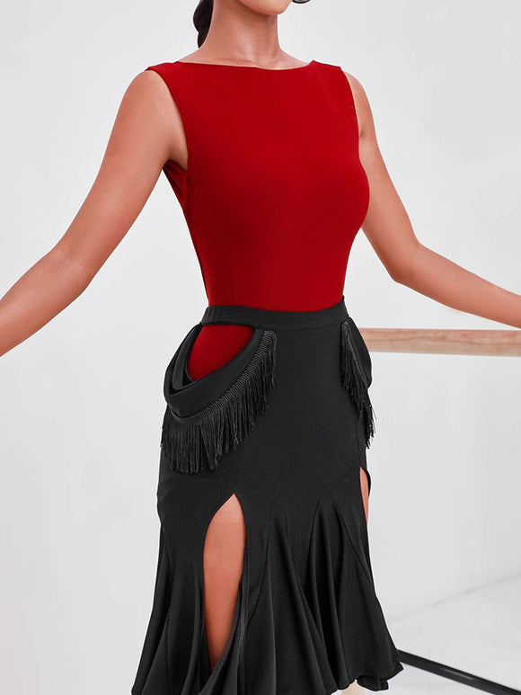 Split Hollowed Out Tassel Skirt with Large Swing Hem Latin Dance Training Wear - Dorabear