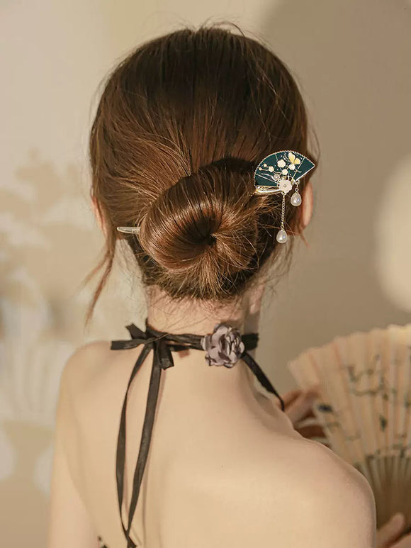 Ancient Fan Hairpin Pearl Tassel Headdress Oriental Elements Cheongsam Accessories - Dorabear
