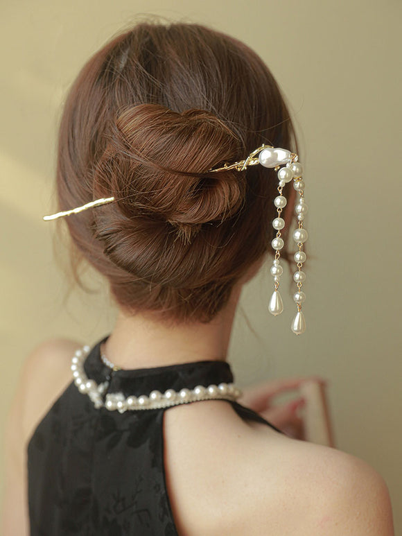 Ancient Style Pearl Tassel headdress Bun head Hairpin Step Shake Hair Accessories - Dorabear
