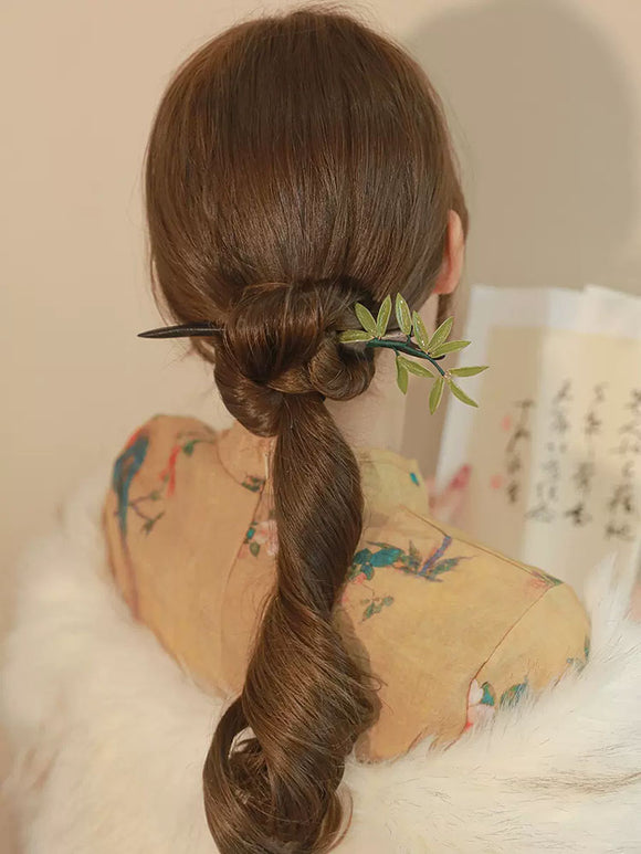 Antique Bamboo Leaf Hairpin Coiled Hair Hairpin Wooden Headdress Classical Cheongsam Accessories - Dorabear