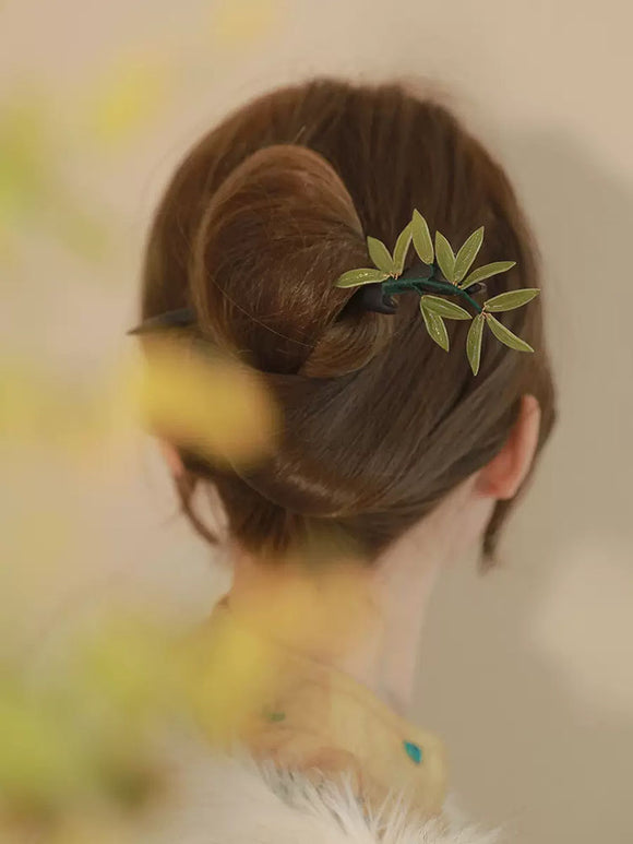 Antique Bamboo Leaf Hairpin Coiled Hair Hairpin Wooden Headdress Classical Cheongsam Accessories - Dorabear