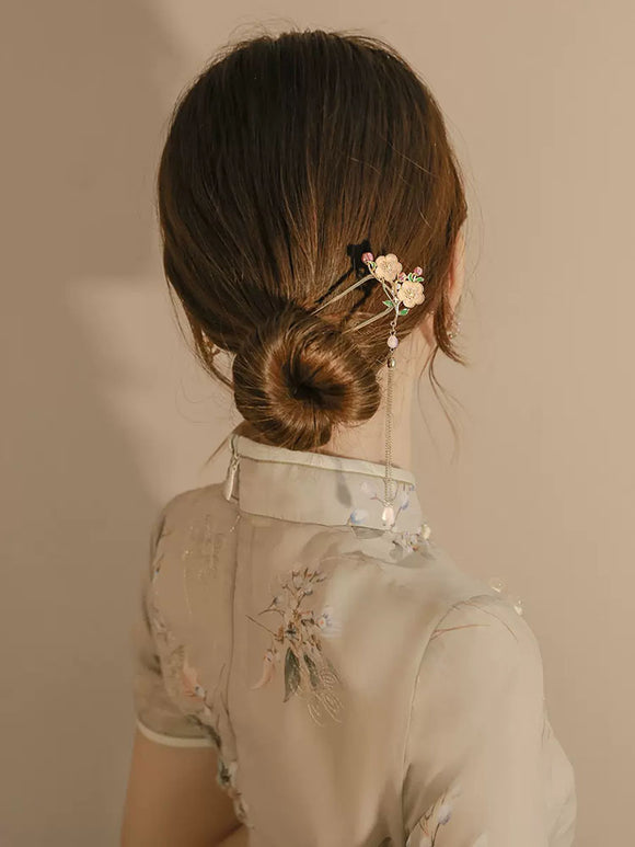 Antique Flower Tassel Hairpin Oriental Elements Coiled Hair Headdress Cheongsam Accessories - Dorabear