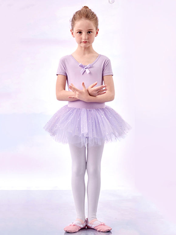 Back Bow Shaggy Skirt Ballet Dress Short Sleeve Practice Clothes - Dorabear