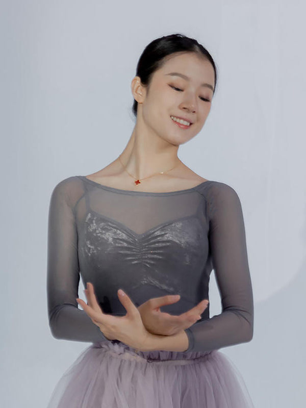 Ballet Boat Neck Net Gauze Practice Short Top Long-sleeved Dance Clothing - Dorabear