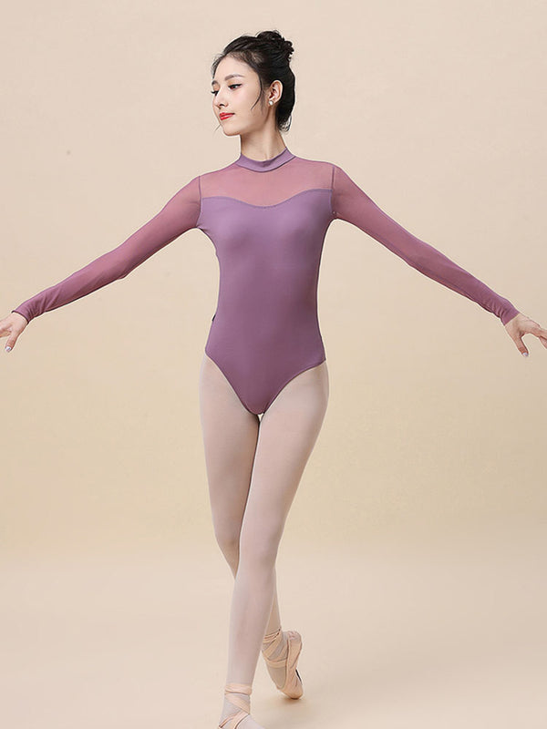 Ballet Leotard Adult Mesh Paneled Stand Collar Long Sleeve Practice Clothing - Dorabear