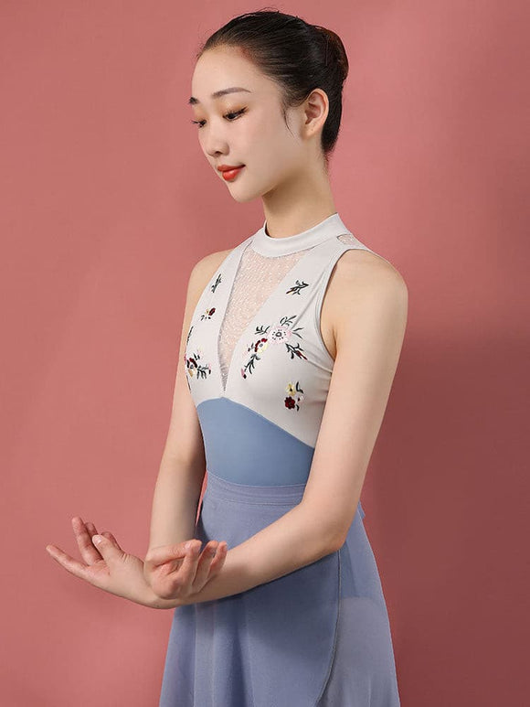 Ballet Dance Clothes Stand-up Collar Embroidered Sleeveless Halter Leotard - Dorabear