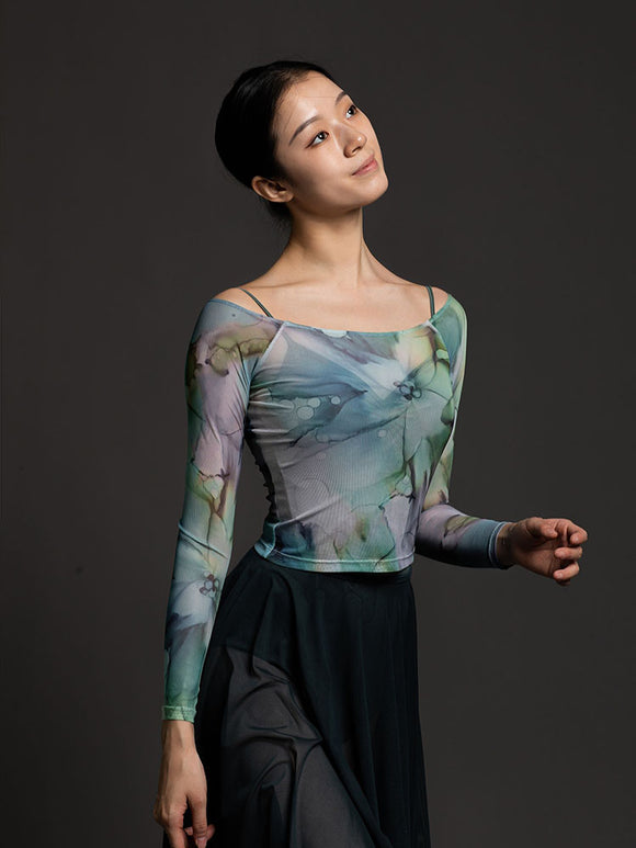 Ballet Practice Clothes Long-sleeved Boat Neck Print Short Top - Dorabear