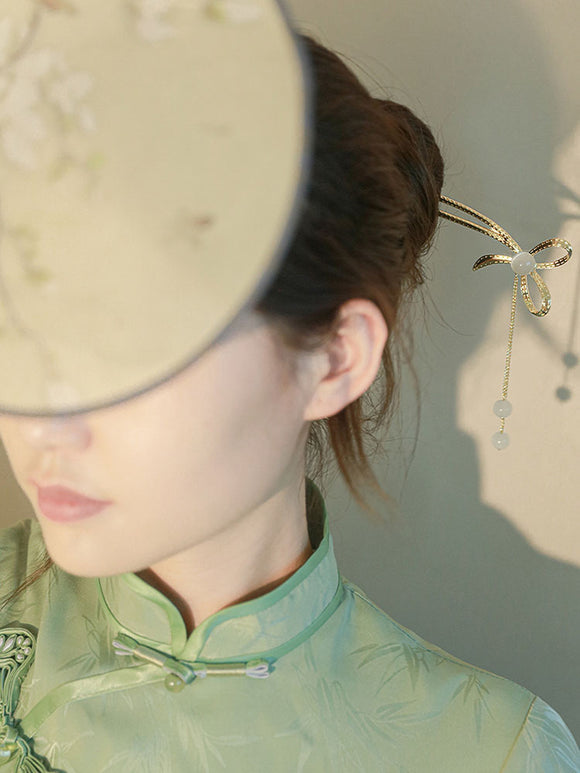 Bowknot Hairpin Crystal Tassel Headdress Ancient Style Cheongsam Accessories - Dorabear