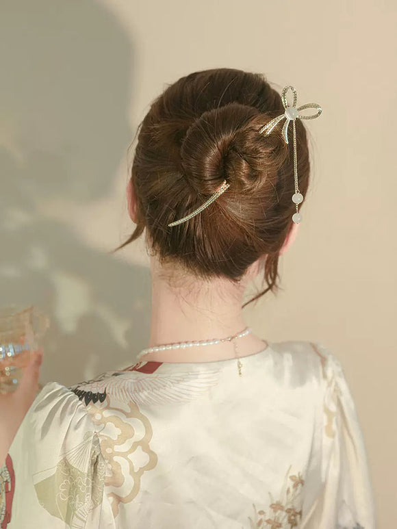 Bowknot Hairpin Crystal Tassel Headdress Ancient Style Cheongsam Accessories - Dorabear