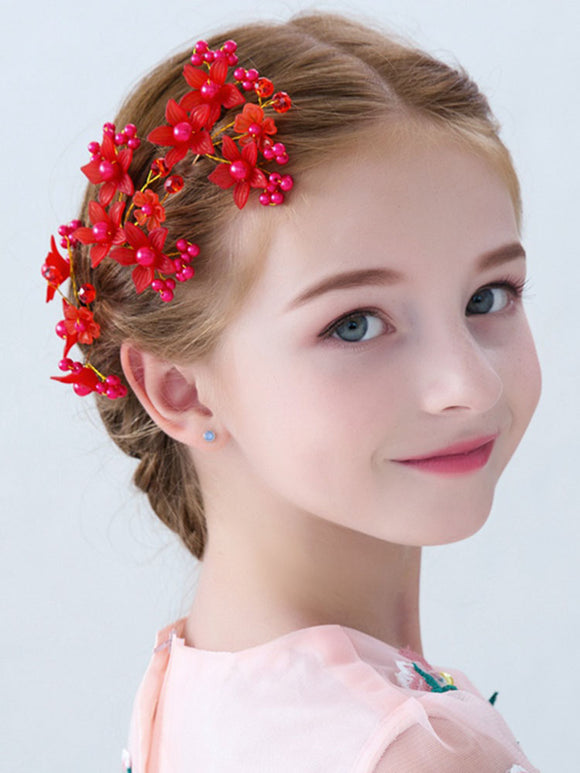 Headwear Dress Accessories Red Flowers Handmade Edge Clip Dance Jewelry - Dorabear