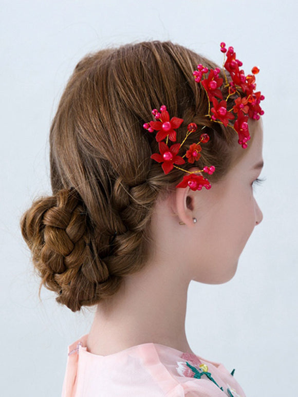 Headwear Dress Accessories Red Flowers Handmade Edge Clip Dance Jewelry - Dorabear