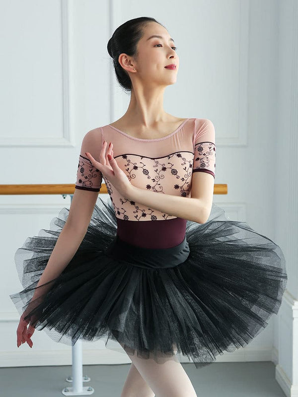 Ballet Practice Clothes Embroidered Mesh Open Back Short Sleeved Dance Leotard - Dorabear