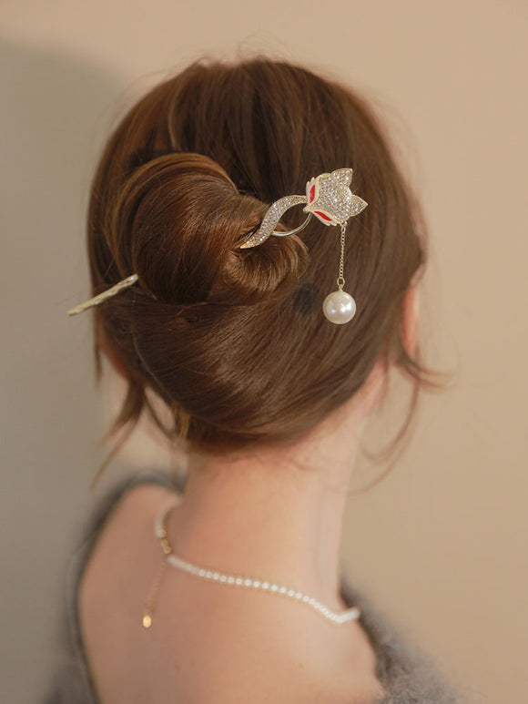 Flash Diamond Fox Hairpin Ancient Style Pearl Tassel Coiled Hair Accessories - Dorabear