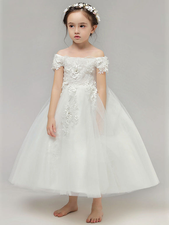 Flower Girl's Fluffy White Wedding Dress Girl's Princess Dress Piano Performance Costume - Dorabear