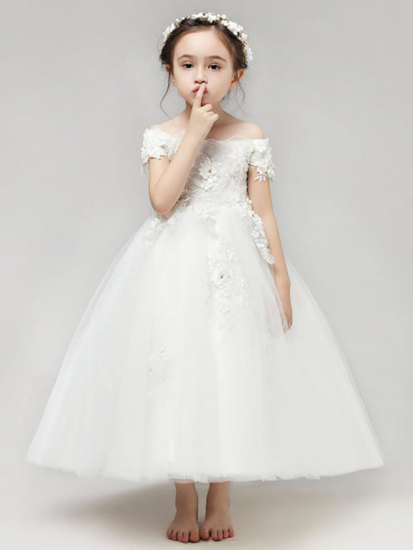 Flower Girl's Fluffy White Wedding Dress Girl's Princess Dress Piano Performance Costume - Dorabear