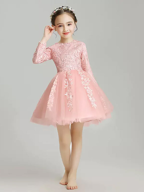 Flower Kid's Long-sleeved Dress Girls Wedding Dress Princess Dress Puffy Piano Performance Costume - Dorabear
