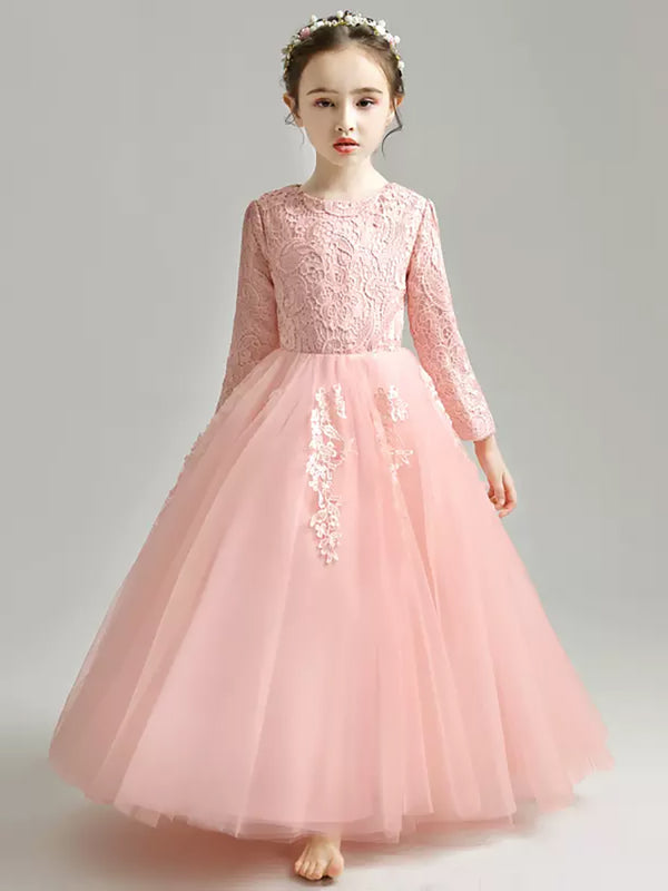 Flower Kid's Long-sleeved Dress Girls Wedding Dress Princess Dress Puffy Piano Performance Costume - Dorabear