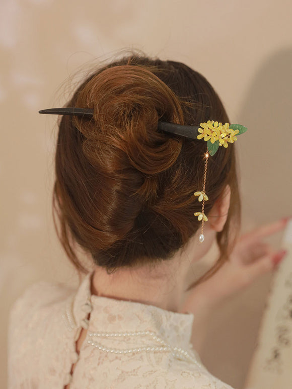 Flower Tassel Hairpin Coiled Hair Headdress Wooden Hairpin Ancient Style Cheongsam Headwear - Dorabear