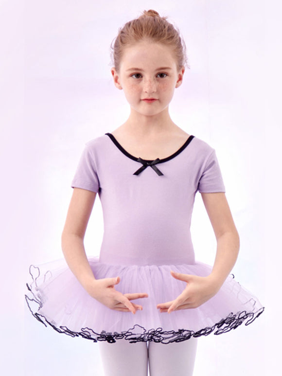 Bow Short Sleeve Ballet Dress Summer Performance Costume Fluffy Skirt - Dorabear