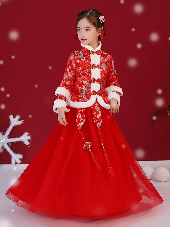 Girls' Cheongsam Ancient Costume National Style Thickened Long Sleeve Tang Dress - Dorabear