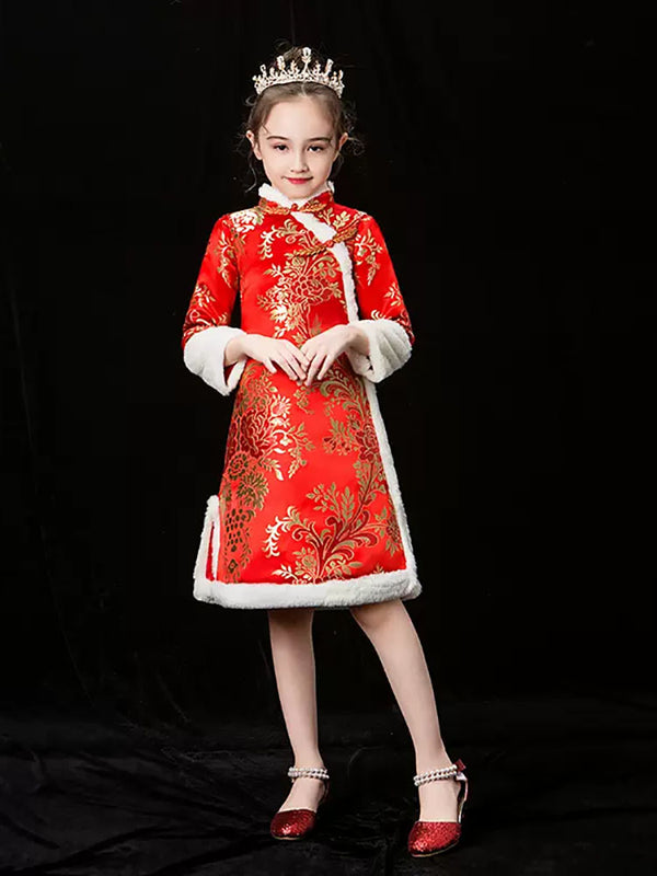 Girls' Cheongsam National Style Dress Thickened Hanfu Long Sleeve Performance Costume - Dorabear