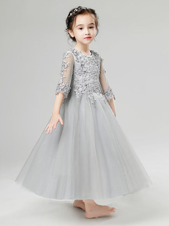 Girls' Evening Gown Long-sleeved Fluffy Piano Performance Costume Flower Kid's Princess Dress - Dorabear