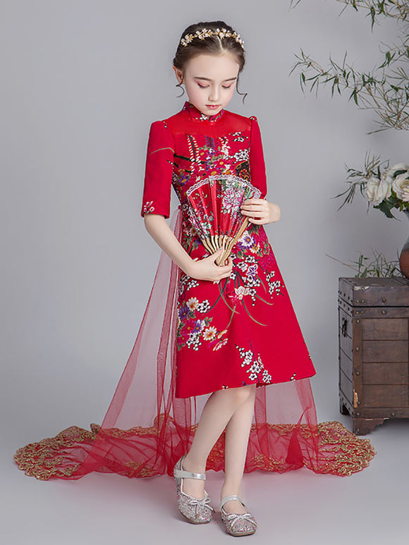 Girls' High-end Gown Princess Dress Oriental Elements Cheongsam Trailing Wedding Dress - Dorabear