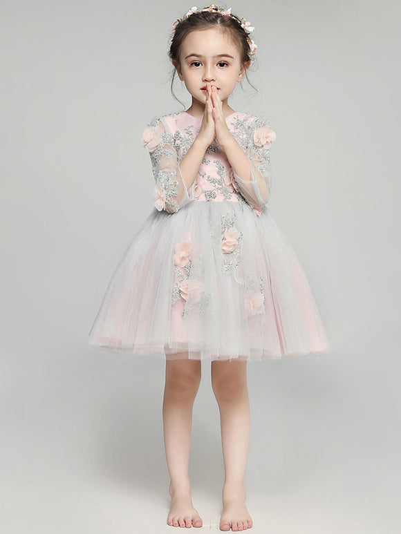 Girls' Long-sleeved Fluffy Wedding Dress Flower Girl Gown Piano Performance Costume - Dorabear