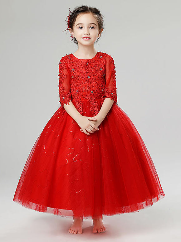 Girls' Long-sleeved Wedding Gown Piano Performance Costume Flower Kid's Princess Dress - Dorabear