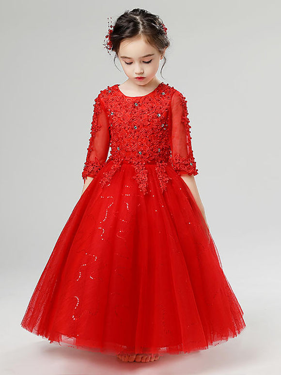 Girls' Long-sleeved Wedding Gown Piano Performance Costume Flower Kid's Princess Dress - Dorabear