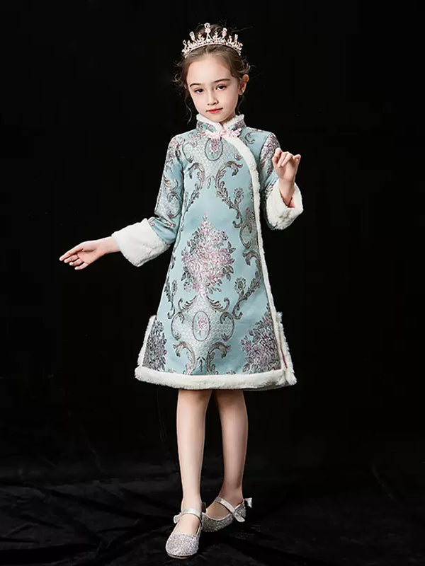 Girls' National Style Cheongsam Autumn/Winter Long Sleeved Thickened Tang Dress Performance Costume - Dorabear