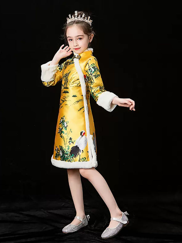 Girls' National Style Cheongsam Long Sleeved Tang Suits Thickened Winter Performance Costume - Dorabear