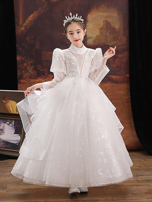Girls' Princess Dress Banquet Gown Flower Girl Wedding Dress Long Sleeve Piano Performance Costume - Dorabear