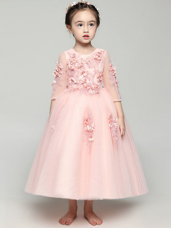 Girls' Princess Dress Flower Kid's Long-sleeved Wedding Gown Walkshow Piano Performance Costume - Dorabear