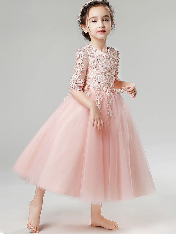 Girls' Princess Dress Long-sleeved Fluffy Wedding Dress Piano Performance Costume - Dorabear