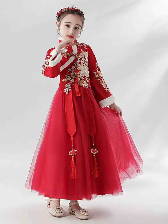 Girls' Tang Style Orienral Elemnets Cheongsam Puffy Princess Dress Long Sleeved Performance Costume - Dorabear