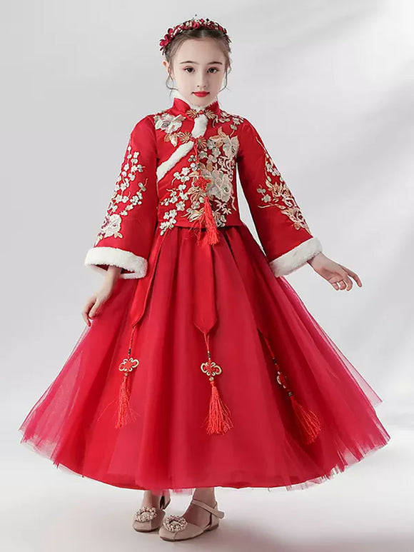 Girls' Tang Style Orienral Elemnets Cheongsam Puffy Princess Dress Long Sleeved Performance Costume - Dorabear