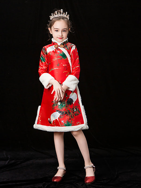 Girls' Winter Ancient Dress Long Sleeved Red Cheongsam Performance Costume - Dorabear