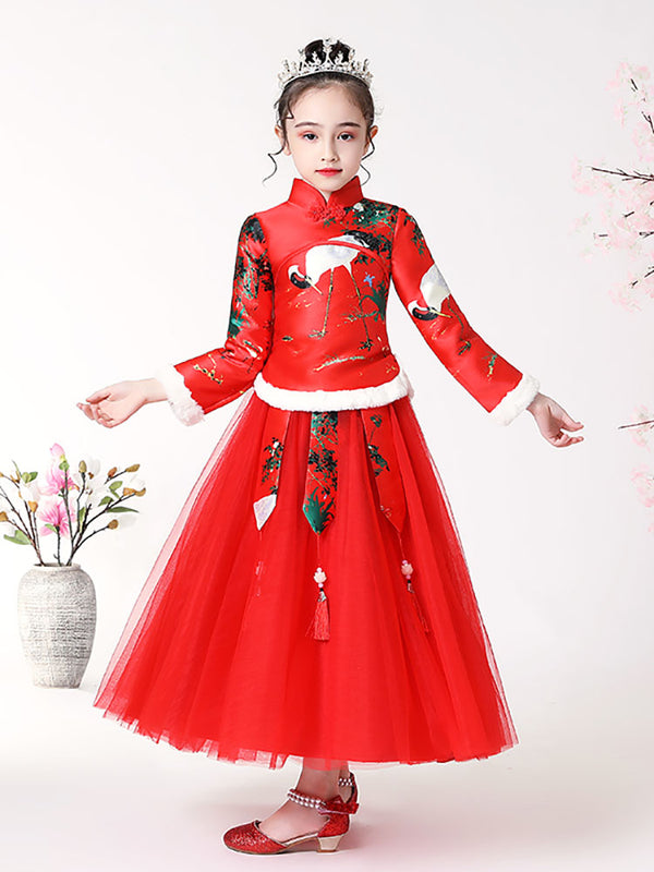 Girls' Winter Han Costume National Style Tang Suits Red Thickened Performance Costume - Dorabear
