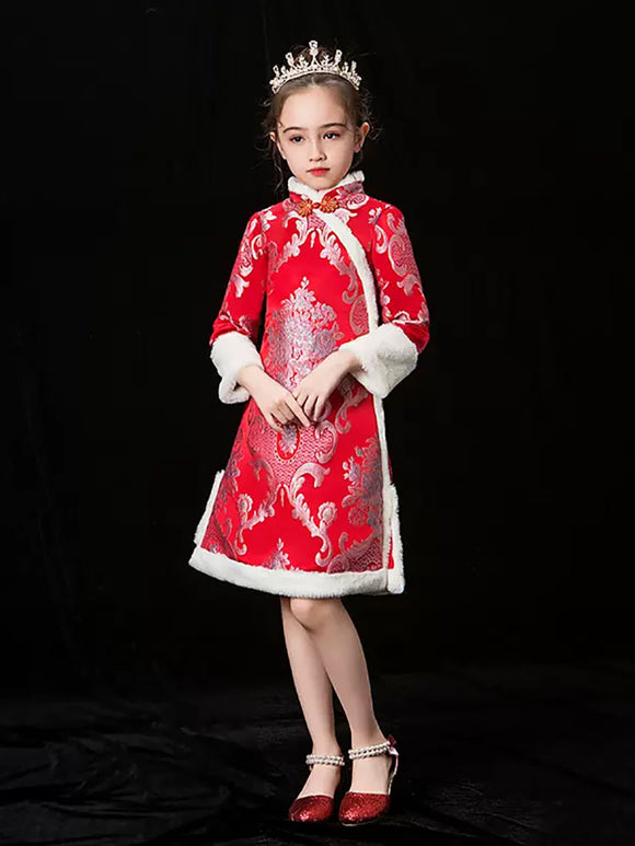 Girls' Winter Long Sleeved Cheongsam Oriental Elements Thickened Tang Dress Performance Costume - Dorabear