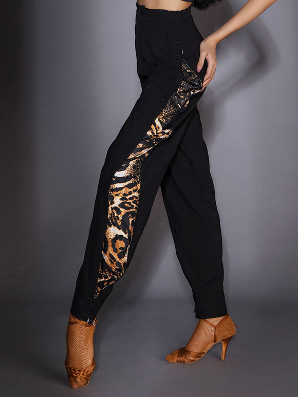 High Waist Leopard Stitched Latin Dance Pants Training Trousers - Dorabear