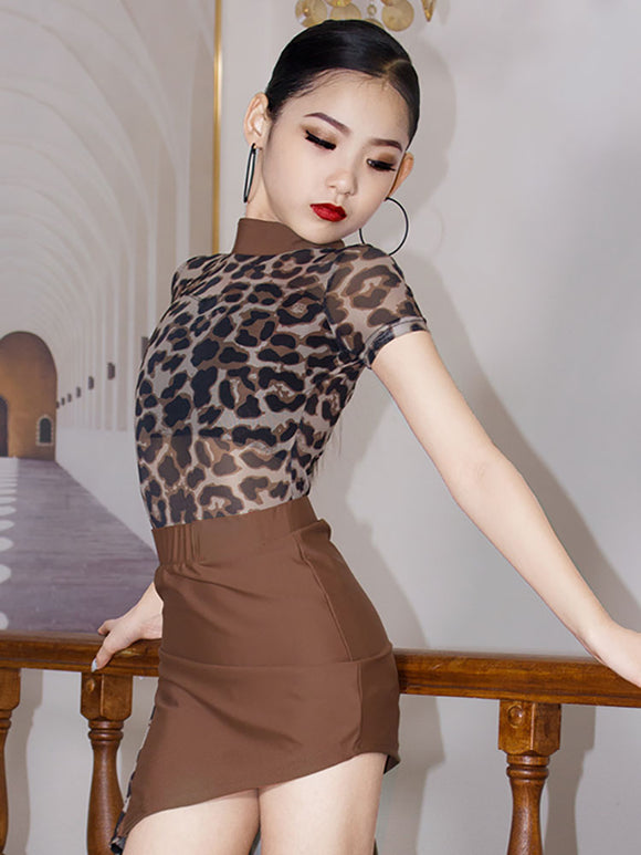 Latin Dance Practice Suit Leopard Print Top Skirt Split Suit - Dorabear